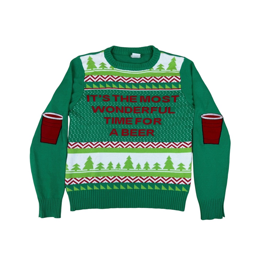 Spencer's Medium Ugly Christmas Sweater Beer Party Cotton Knit Elbow Patch